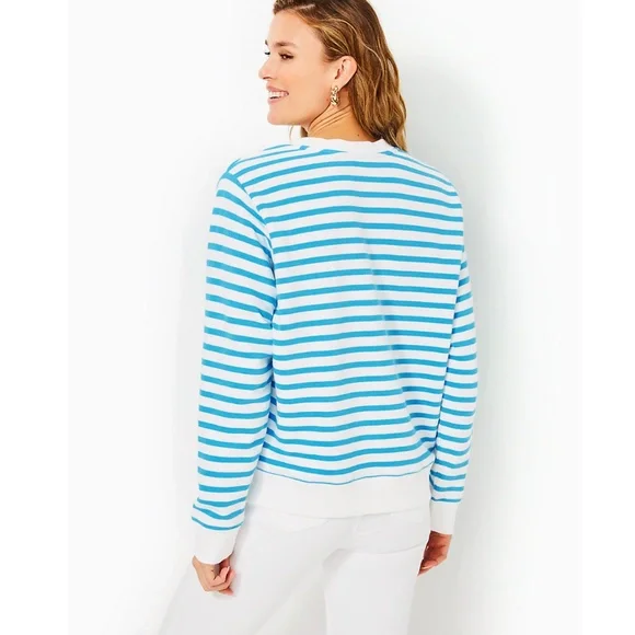 Lilly Pulitzer Ballad Sweatshirt in Lunar Blue Striped Green Embroidered Logo - Picture 3 of 12
